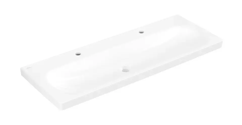 Kedvezményes ár Villeroy & Boch Skyla - Mosdókagyló 120x46 cm, túlfolyó nélkül, 2 csapfurattal, CeramicPlus, alpesi fehér 5A51C2R1