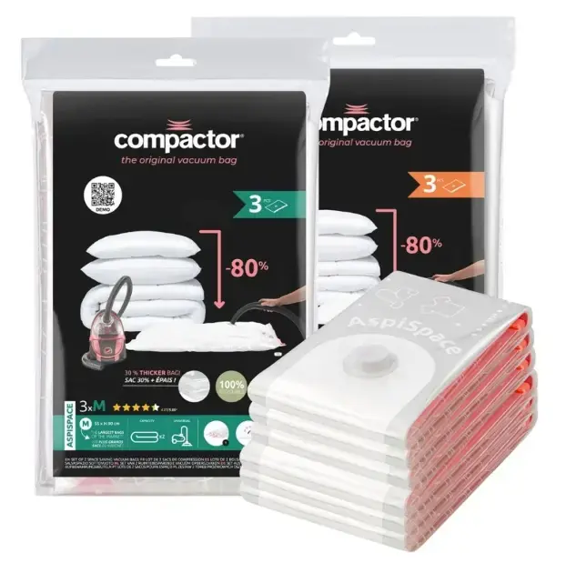 Compactor Bag Aspispace - Vákuum tárolózsák készlet, 70 l és 120 l, 6 db RAN7404 Expressz kézbesítés